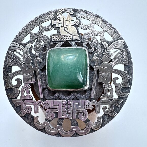 VTG Sterling Silver 925 Green Gemstone Native American Brooch Size 2.5" Length - Picture 1 of 9
